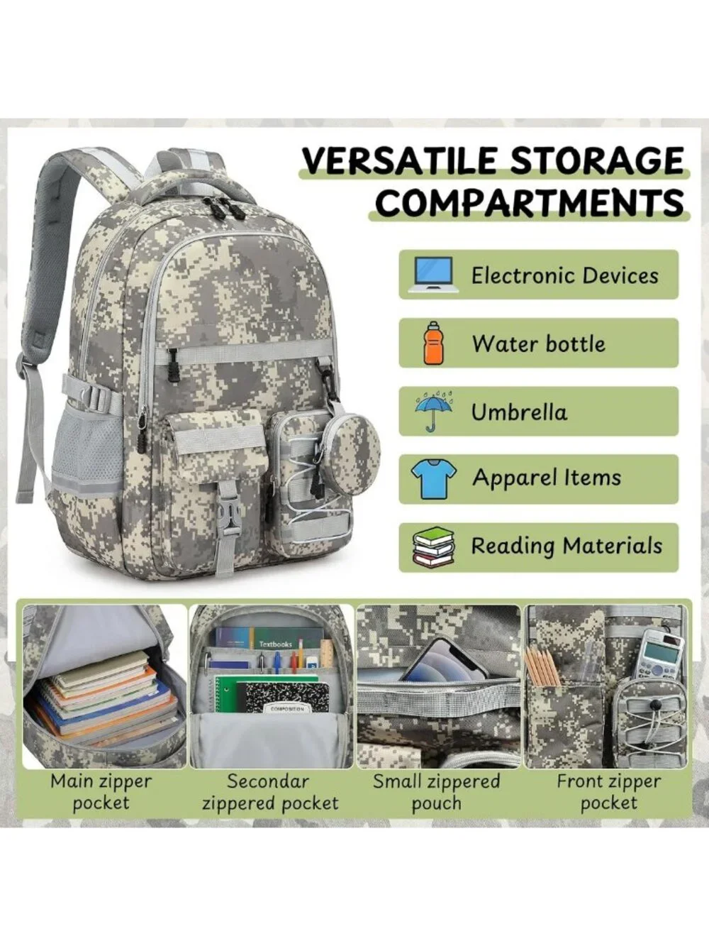 Camo School Backpack Set for Boys - 5-Piece with Lunch Box, Large Capacity